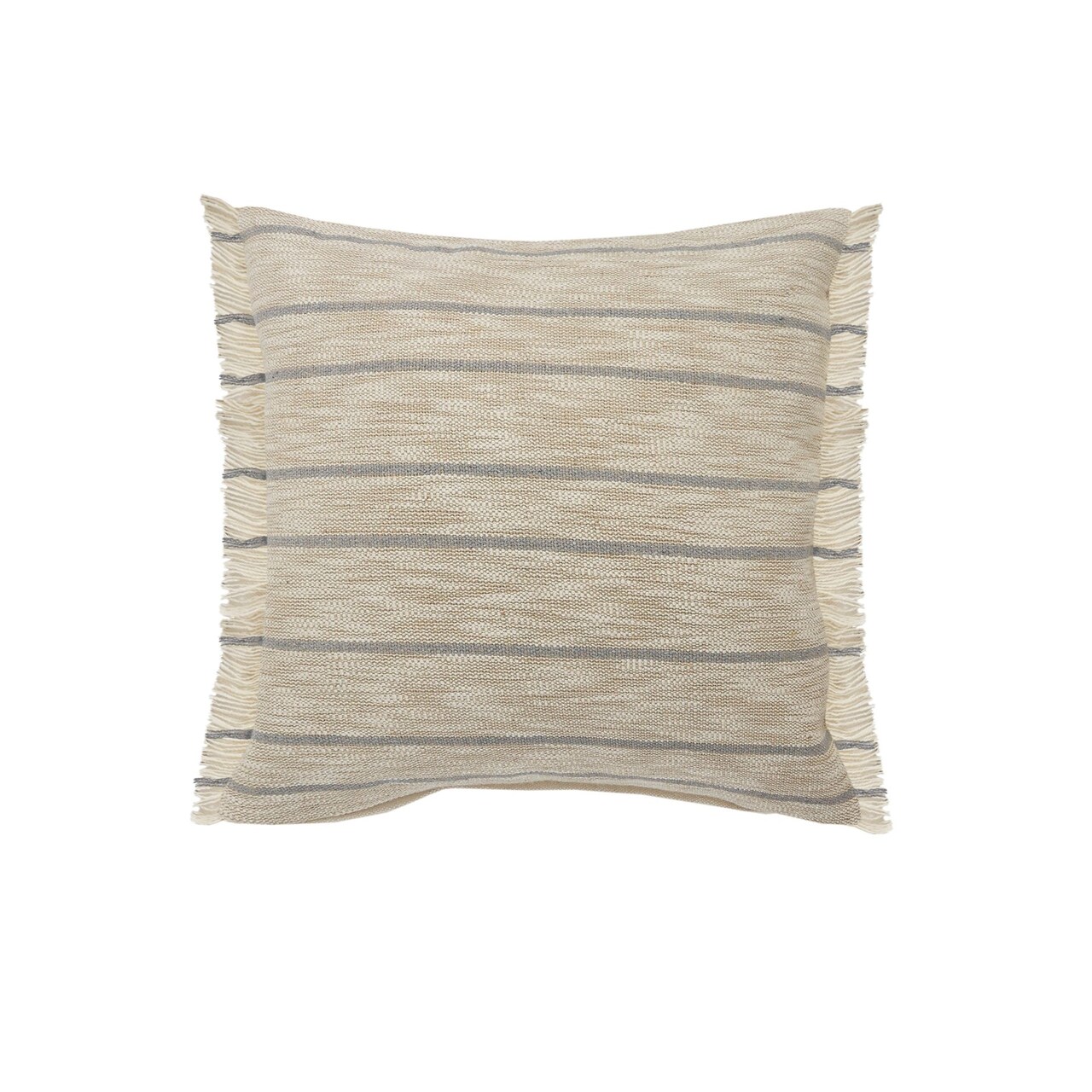 Laddha Home Designs 20" Taupe Brown and Blue Striped Square Throw Pillow with Fringe